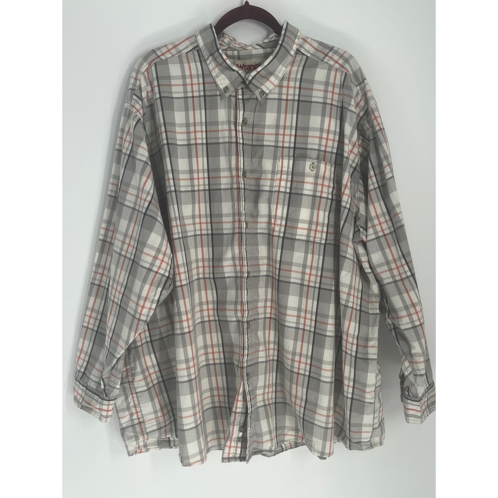 Wrangler Rugged Wear Plaid Button Up Cotton Shirt Men 4X Gray Orange Lumberjack